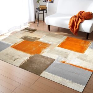 modern graffiti art area rugs, abstract geometric orange grey indoor low pile rug, non-slip breathable durable kids rugs, for room sofa living room mat bedroom home decor carpet(4x6ft