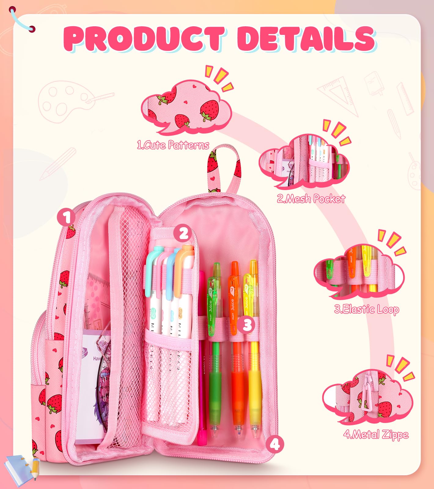 LISEVO Cute Strawberry Pencil Case,Unique Aesthetic 3D Schoolbag-Shaped Pencil Pouch for Girls Boys Kids Women,Big Capacity Pen and Pencil Stationery Organizer Bag with Zippers for School Office