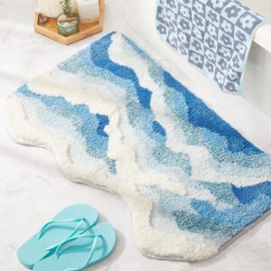 dyefury blue ocean wave bath mat, cute funky bathroom rugs for coastal beach nautical themed decor, non-slip washable accent rug for bedroom kitchen, trendy tufted shower mats 31"x 21"