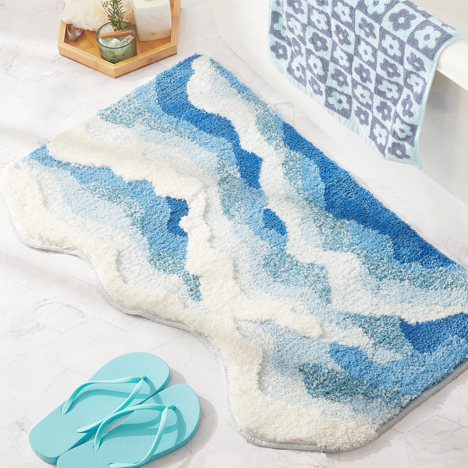 DyeFury Blue Ocean Wave Bath Mat, Cute Funky Bathroom Rugs for Coastal Beach Nautical Themed Decor, Non-Slip Washable Accent Rug for Bedroom Kitchen, Trendy Tufted Shower Mats 31"x 21"