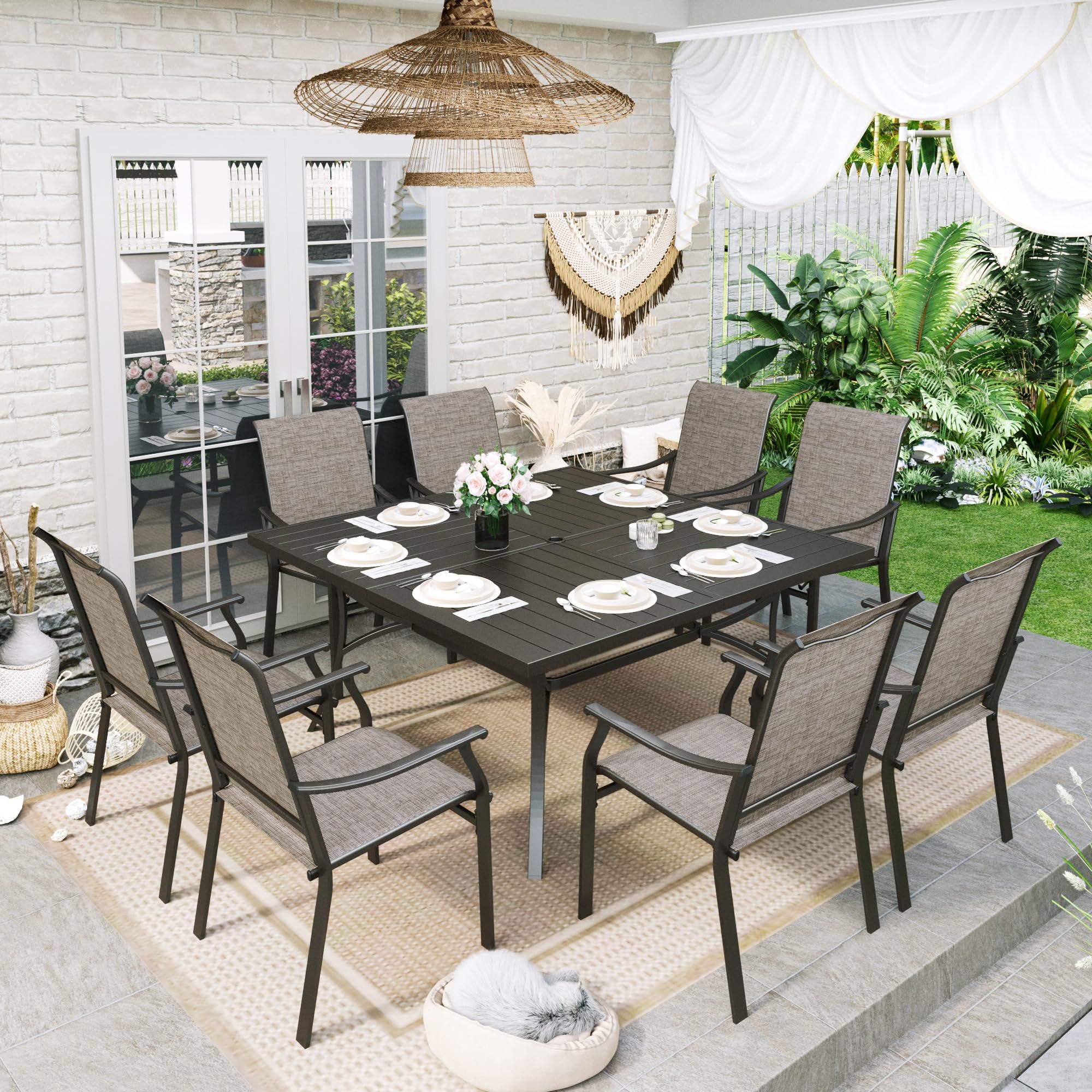 Sophia & William Patio Dining Set 9 Pieces, 8 Quick Dry Textilene Chairs and 1 Large Square Outdoor Dining Table, Durable All-Weather Patio Furniture for Lawn, Park, and Courtyard Support 350lbs