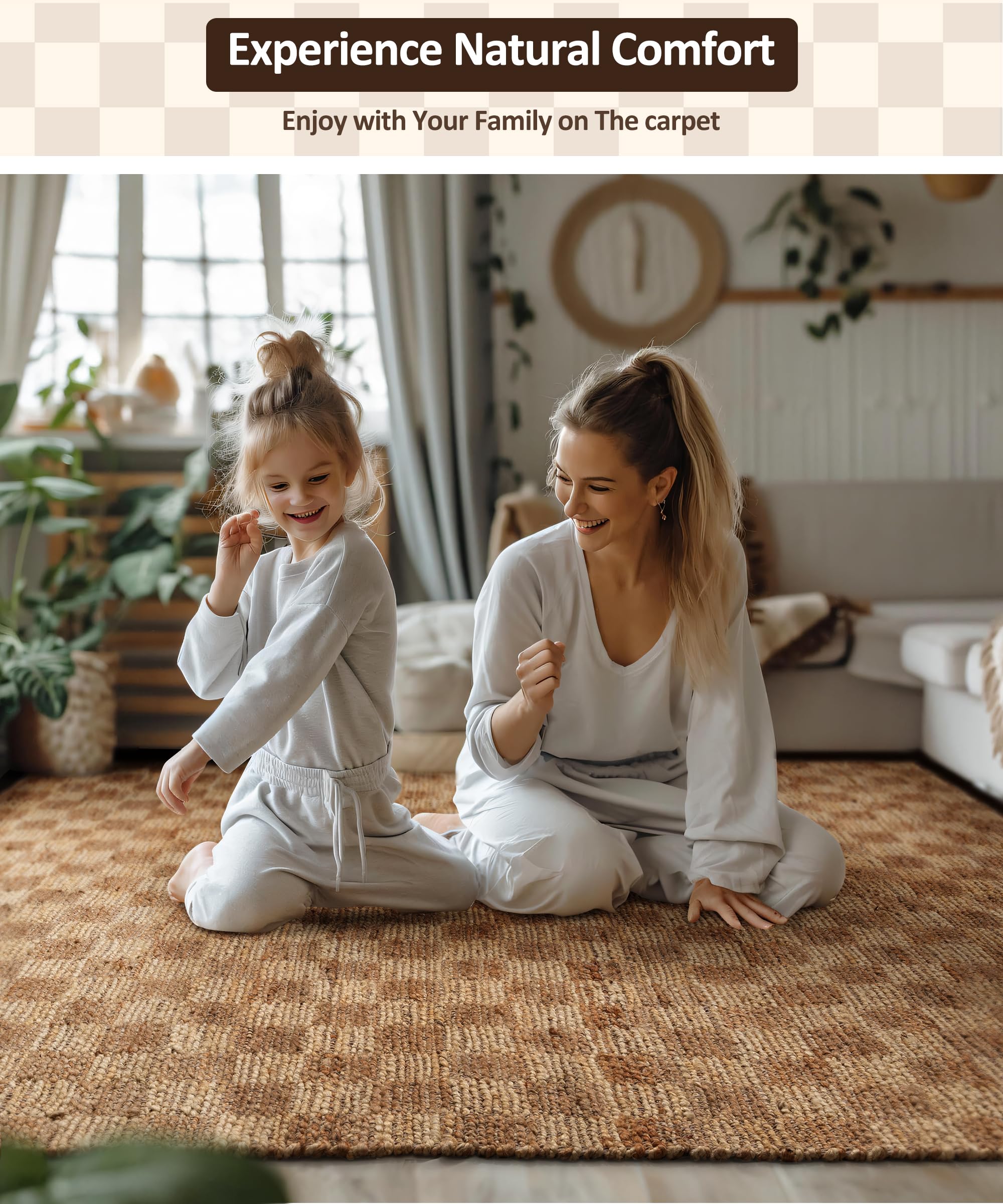 SUMGAR Neutral 100% Jute Rug 8x10 Ft Hand Woven Boho Area Rug Fiber Braided Checkered Large Carpet Home Decor for Living Room Bedroom Dining Room