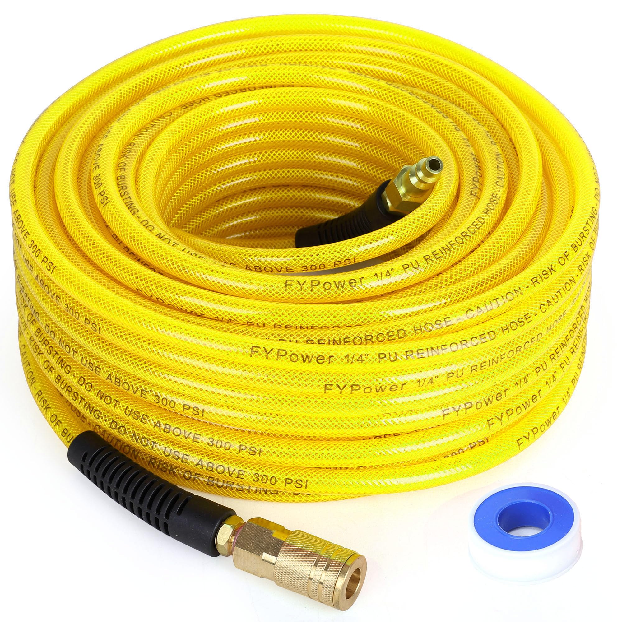 FYPower Air Compressor Hose 1/4 Inch x 100 Feet Reinforced Polyurethane (PU) Air Hose with Fittings, Bend Restrictors, 1/4" Industrial Quick Coupler and Plug Kit, Yellow