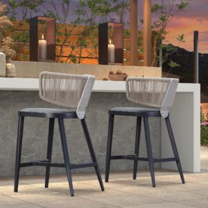 PURPLE LEAF Outdoor Counter Height Stools Set of 2 Patio All-Weather Rattan Bar Chairs Modern Aluminum Cushioned Barstools with Back for Balcony Garden Kitchen Indoor, Grey