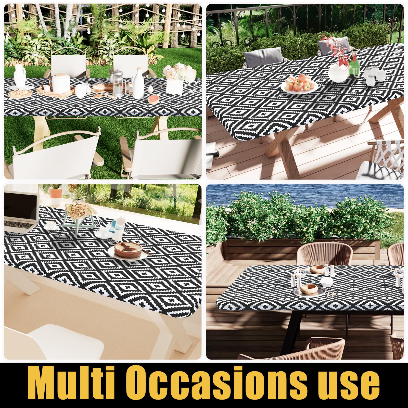 Smiry Rectangle Picnic Table Cloth, Waterproof Elastic Fitted Outdoor Tablecloths for 6 Foot Tables, Wipeable Flannel Backed Vinyl Table Cover for Camping, Dining and Indoor (30"x72", Black)