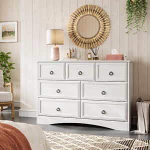 LGHM Modern 7 Drawer Dresser, Dressers for Bedroom, Chest of Drawers Closet Organizers and Storage Clothes - Easy Pulls Handle, Textured Borders Living Room, Hallway, White