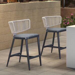 PURPLE LEAF Outdoor Counter Height Stools Set of 2 Patio All-Weather Rattan Bar Chairs Modern Aluminum Cushioned Barstools with Back for Balcony Garden Kitchen Indoor, Grey