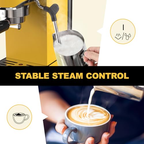 Espresso Machine 20 Bar Espresso Maker CMEP02 with Milk Frother Steam Wand, Yellow Retro Home Expresso Coffee Machine for Cappuccino and Latte, Gift for Coffee Lovers, Friend, Dad, Mom