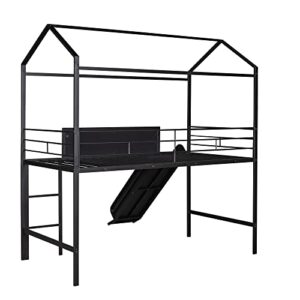 RORIGAT Twin Size House Loft Bed with Slide and Ladder, Metal LoftBed w/Two-Sided Writable Wooden Board & Roof, for Kids Boys Girls Bedroom, Black