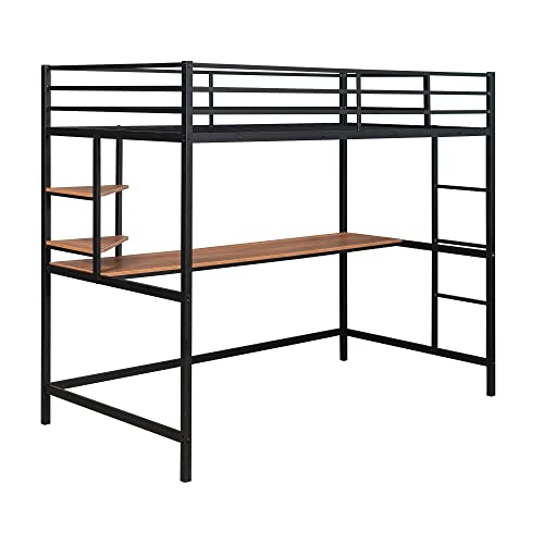 RORIGAT Metal Twin Size Loft Bed with Desk,Heavy Duty Loft Bed Frame with Storage Shelves,Space Saving Twin Loft Bed for Kids, Teens,Twin,Black