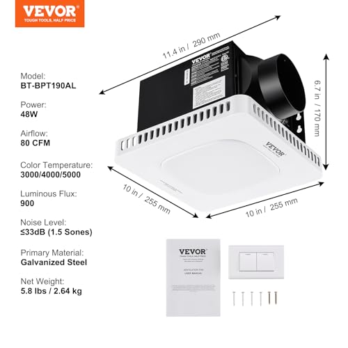 VEVOR Bathroom Exhaust Fan, 80 CFM High-Efficiency Ventilation, 1.5sones Low Noise Operation All-Copper Motor, Remote Control, Energy-Saving Bathroom Ceiling Fan, Attic Access Needed