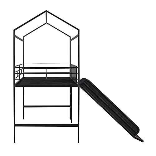 RORIGAT Twin Size House Loft Bed with Slide and Ladder, Metal LoftBed w/Two-Sided Writable Wooden Board & Roof, for Kids Boys Girls Bedroom, Black