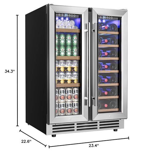 EUHOMY Wine and Beverage Refrigerator, 24 Inch Dual Zone Wine Cooler with Glass Door Hold 21 Bottles and 88 Cans, Built in or Under Counter Wine Fridge with Blue LED Light