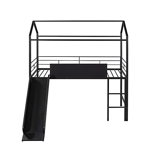 RORIGAT Twin Size House Loft Bed with Slide and Ladder, Metal LoftBed w/Two-Sided Writable Wooden Board & Roof, for Kids Boys Girls Bedroom, Black