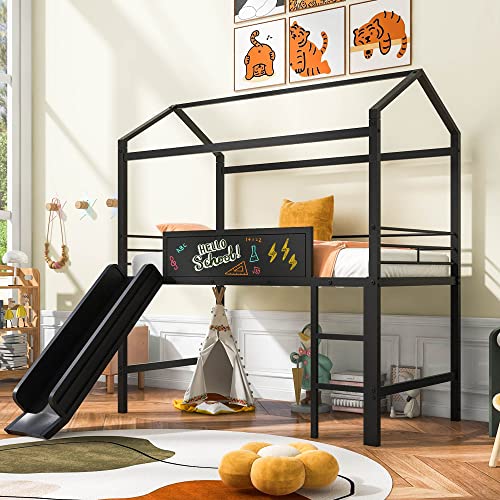 RORIGAT Twin Size House Loft Bed with Slide and Ladder, Metal LoftBed w/Two-Sided Writable Wooden Board & Roof, for Kids Boys Girls Bedroom, Black