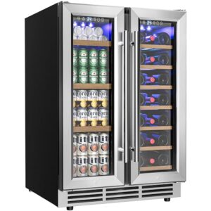 euhomy wine and beverage refrigerator, 24 inch dual zone wine cooler with glass door hold 21 bottles and 88 cans, built in or under counter wine fridge with blue led light