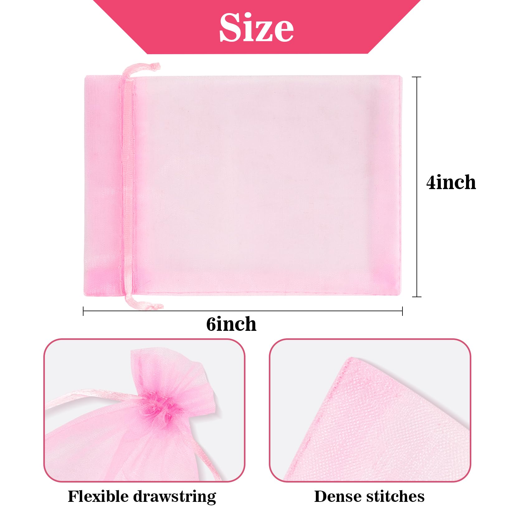 Sukh 100 Pink Organza Bags 4"x6" - Small Organza Sachet Jewelry Gift Favor Bags Drawstring Mesh Bags Gifts Valentines Wedding Eve Christmas Wrap