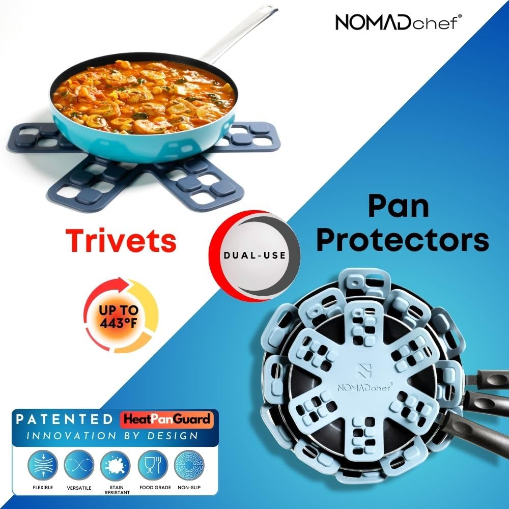 NOMADCHEF Dual-Use Silicone Pan Protectors for Stacking & Trivets for Hot Dishes | Silicone Trivet Mat | Perfect Pot and Pan Protectors for Stacking | Cookware Protectors for Stacking (6PCS-BLU/BLU)