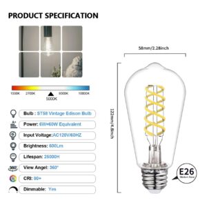 Dimmable LED Edison Bulbs,6W Equivalent to 60W Vintage Light Bulb, E26 5000K ST58/ST19 LED Bulbs, Antique Flexible Spiral LED Filament Light Bulbs, Clear Plastic Screw Lamp - 12Pack