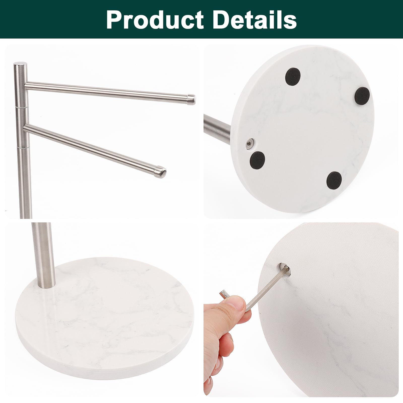 BathAce Hand Towel Holder, F-Shape Hand Towel Stand with Marble Base, Stainless Steel Swivel Stand Hand Towel Rack Free-Standing Towel Bar for Bathroom Kitchen Countertop, 2 Arms (Brushed Nickel)