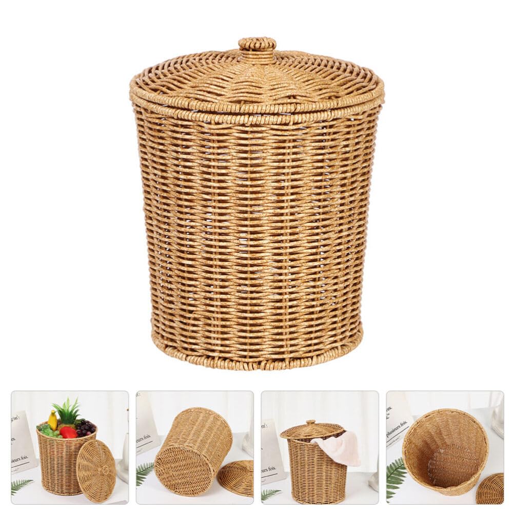 ABOOFAN Wicker Trash Can with Lid Plastic Woven Storage Laundry Hamper Baskets Round Rubbish Wastebasket Garbage Bin for Bedroom Bathroom Kitchen Home Office