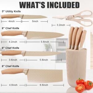 Gulymm Kitchen Knife Set, 6 Pcs Sharp Knife Set for Kitchen, Anti-Rust Stainless Sharp Knife Set with Universal Knife Block, Knife Set Contains Round Knife Storage, Knives, Scissors for Kitchen (Khaki