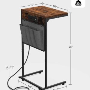 Evermagin C Shaped End Table with Charging Station, Small Side Table for Recliner, Over Couch Table with Outlet and Storage Bag, Slide Under Sofa Tray Table for Living Room, Bedroom, Rustic Brown