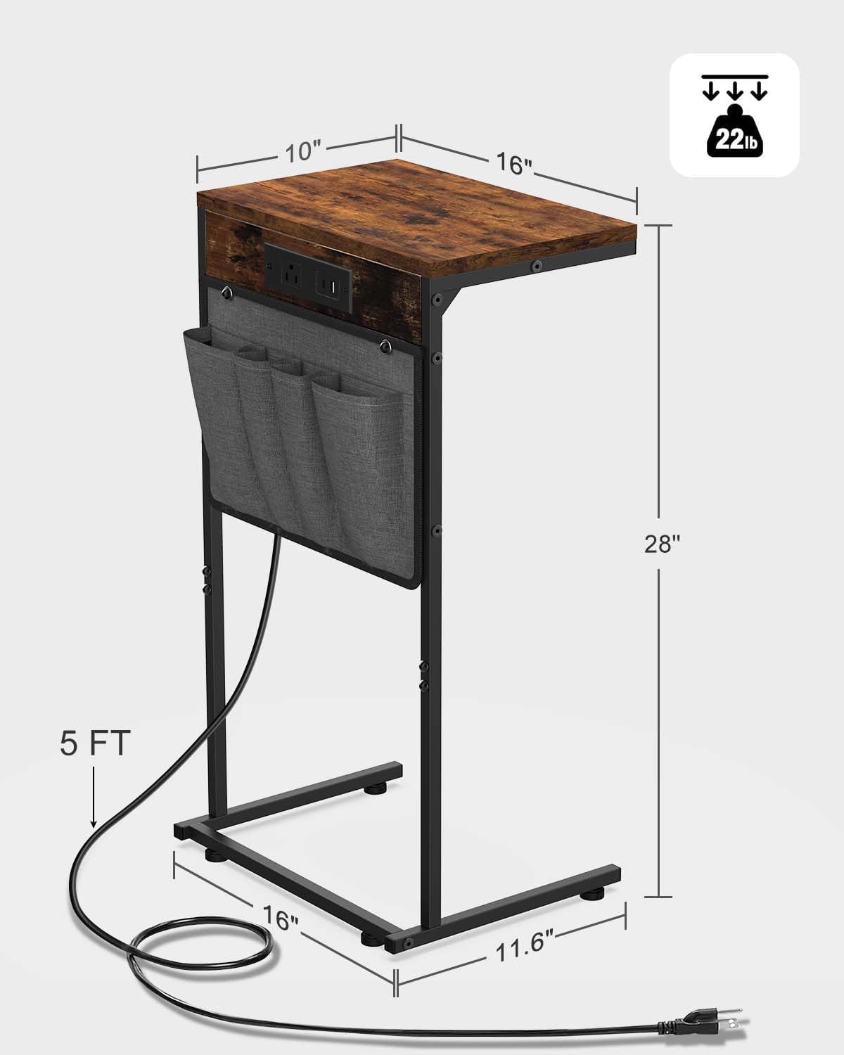 Evermagin C Shaped End Table with Charging Station, Small Side Table for Recliner, Over Couch Table with Outlet and Storage Bag, Slide Under Sofa Tray Table for Living Room, Bedroom, Rustic Brown