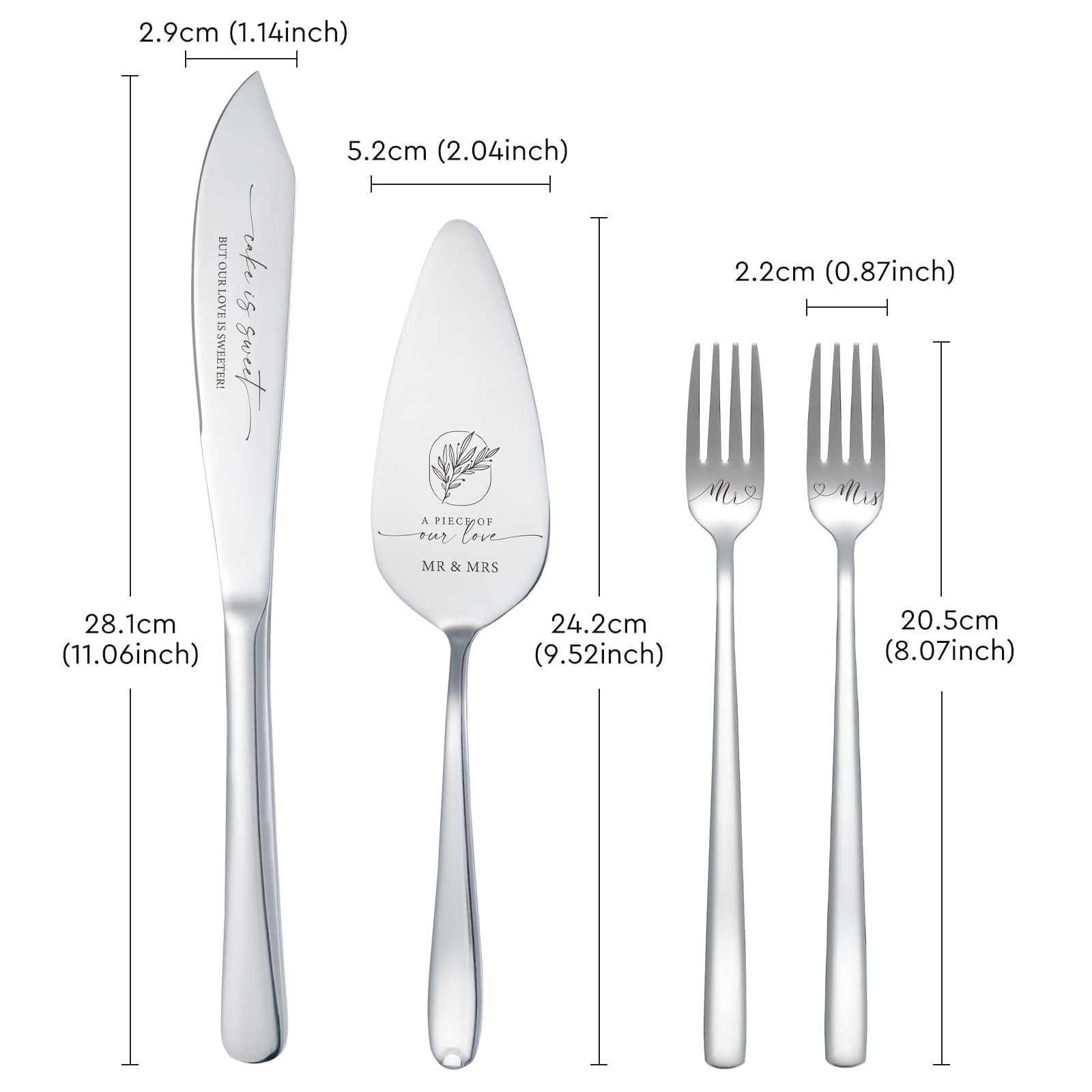 AW BRIDAL 4Pcs Wedding Cake Knife and Server set with Forks, Stainless Steel Engraved Cake Cutting and Pie Server Gifts for Bridal Shower Engagement, Silver