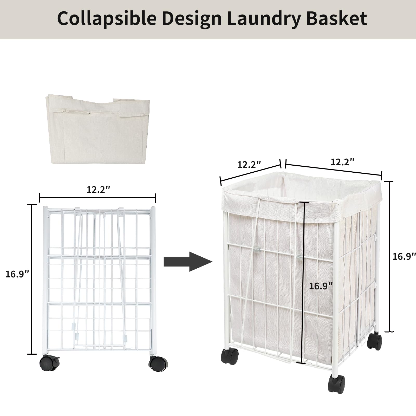 FIROK Rolling Laundry Basket with Wheels,Collapsible Laundry Hamper with Handle for Dorm, Bedroom, Laundry room, 45L Durable Metal Frame Space Saving Hamper with Removable Liner Bag(White)