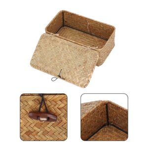 Lwuey Seagrass Storage Baskets with Lid, Rectangular Shelf Rattan Basket Lids Seaweed Box Woven Boxes Handwoven Wicker Straw Bin Container Organizer for Home Living Room Closet Bedroom Desktop(S)