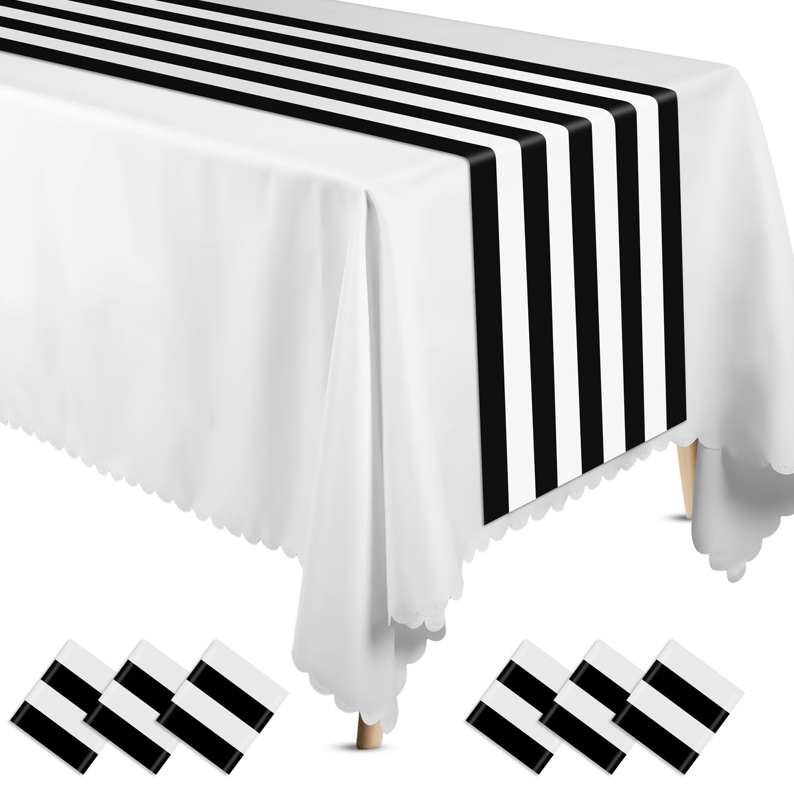 Peryiter 6 Pcs Black and White Table Runner Plastic Striped Table Runner Elegant Classic Disposable Table Decoration for Wedding Birthday Party Supplies Indoor Outdoor Dinner Banquet, 14 x 108''