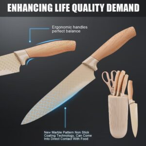 Gulymm Kitchen Knife Set, 6 Pcs Sharp Knife Set for Kitchen, Anti-Rust Stainless Sharp Knife Set with Universal Knife Block, Knife Set Contains Round Knife Storage, Knives, Scissors for Kitchen (Khaki