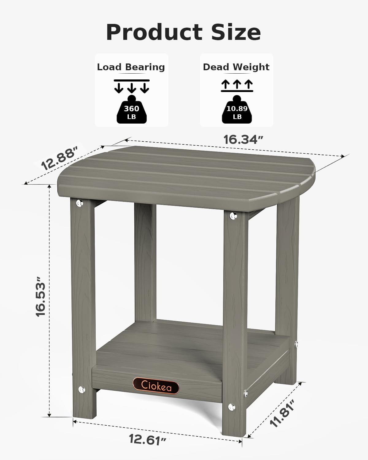 Ciokea Adirondack Outdoor Side Table, 2-Tier Sturdy Patio End Table Weather Resistant, Morden Side Table for Patio, Pool, Porch, Grey