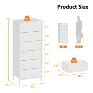 Furnulem White Tall Dresser for Bedroom,Vertical Storage Tower Unit and End Table with 6 Drawers, Nightstand Furniture with Fabric Drawer Organizer in Living Room,Closet,Entryway,Hallyway