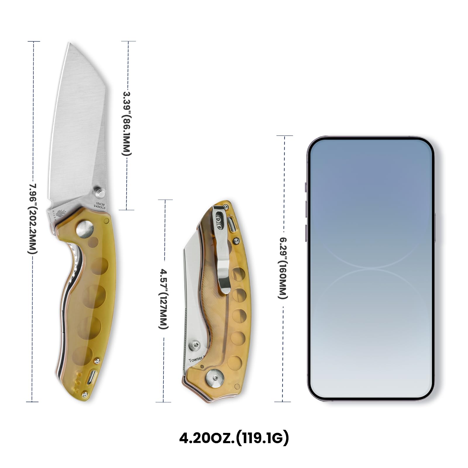 Kizer Towser K Folding Pocket Knife, 3.39" 154CM Blade EDC Knife with Yellow PEI Handle, Small Camping Knife with Liner Lock, Hiking Survival Knife with Thumb Stud Opener, V4593C5