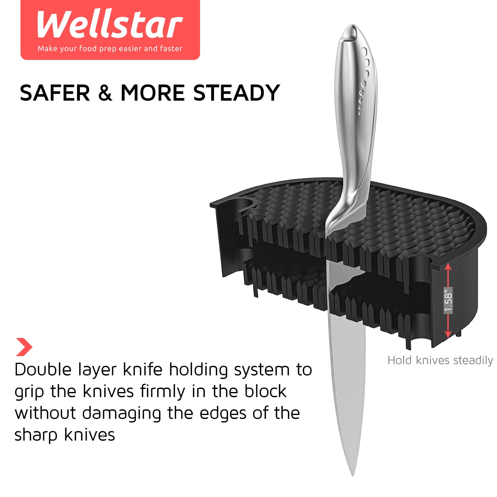 Universal Knife Block for Kitchen, WELLSTAR Knife Holder without Knives, Safe Space Saver Large Volume Stable Knife Storage with Scissors and Sharpening Rod Slot, Detachable for Easy Cleaning - Black