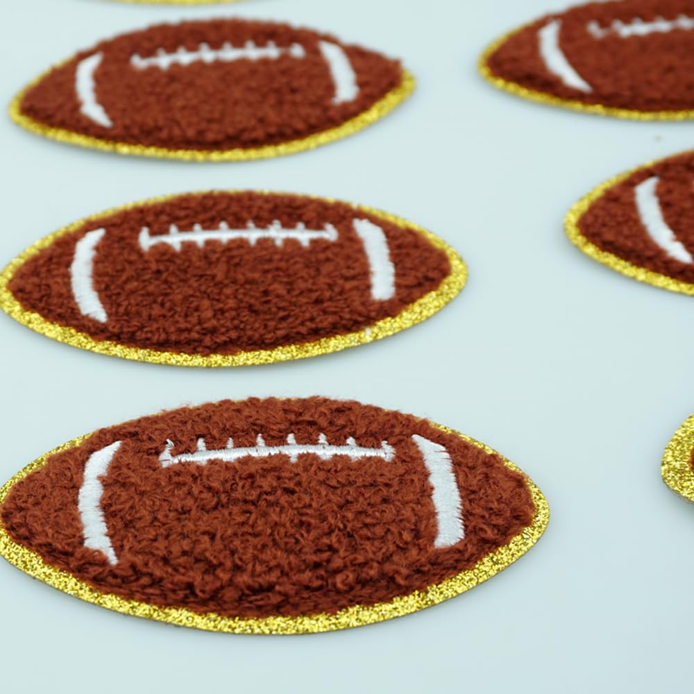 SaktopDeco 6 PCS Football Patch Chenille Football Iron On Patches Gold Edges Football Embroidered Patches for DIY Sew Making Clothes