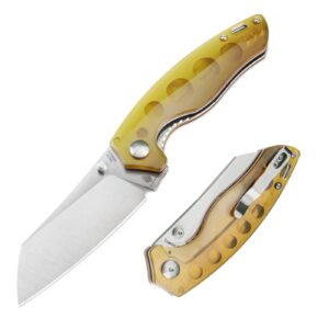 kizer towser k folding pocket knife, 3.39" 154cm blade edc knife with yellow pei handle, small camping knife with liner lock, hiking survival knife with thumb stud opener, v4593c5