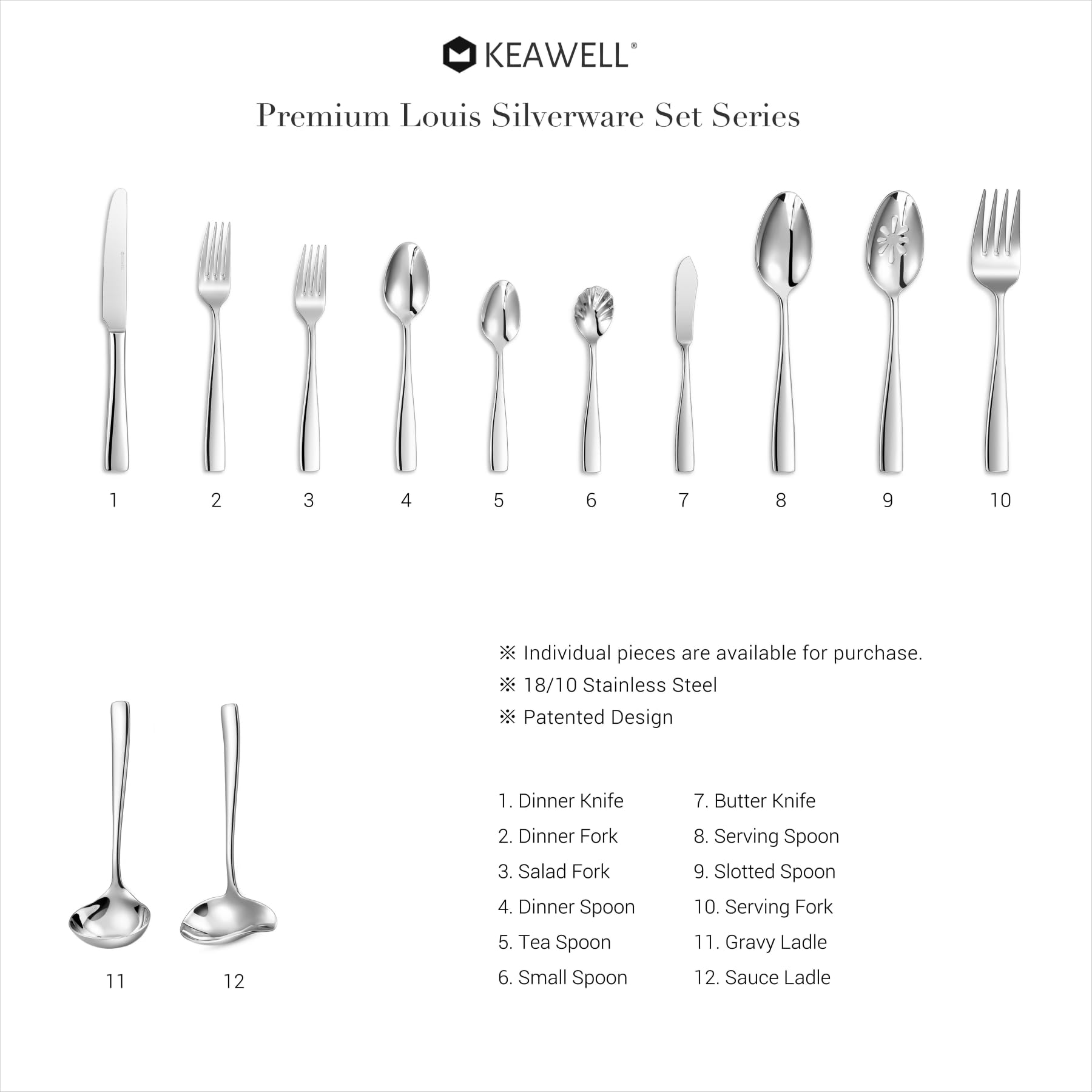 KEAWELL Premium 20/45/65 Piece Louis Silverware Set, 18/10 Stainless Steel, Service for 4/8/12, Fine Flatware Set, Dishwasher Safe (45)