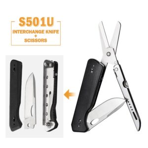 Roxon S501U Folding Pocket Scissors and replaceable Knife blade with belt clip, 2 in 1 Multi-tool for Outdoors, Camping, Hiking, Survival, Rescue, Hunting, Durable & Lightweight EDC