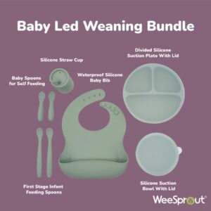 WeeSprout Baby Led Weaning Bundle, Silicone Suction Bowl, Spoons, Bib & Cup, Develops Self Feeding Skills, Dishwasher Safe (Green)