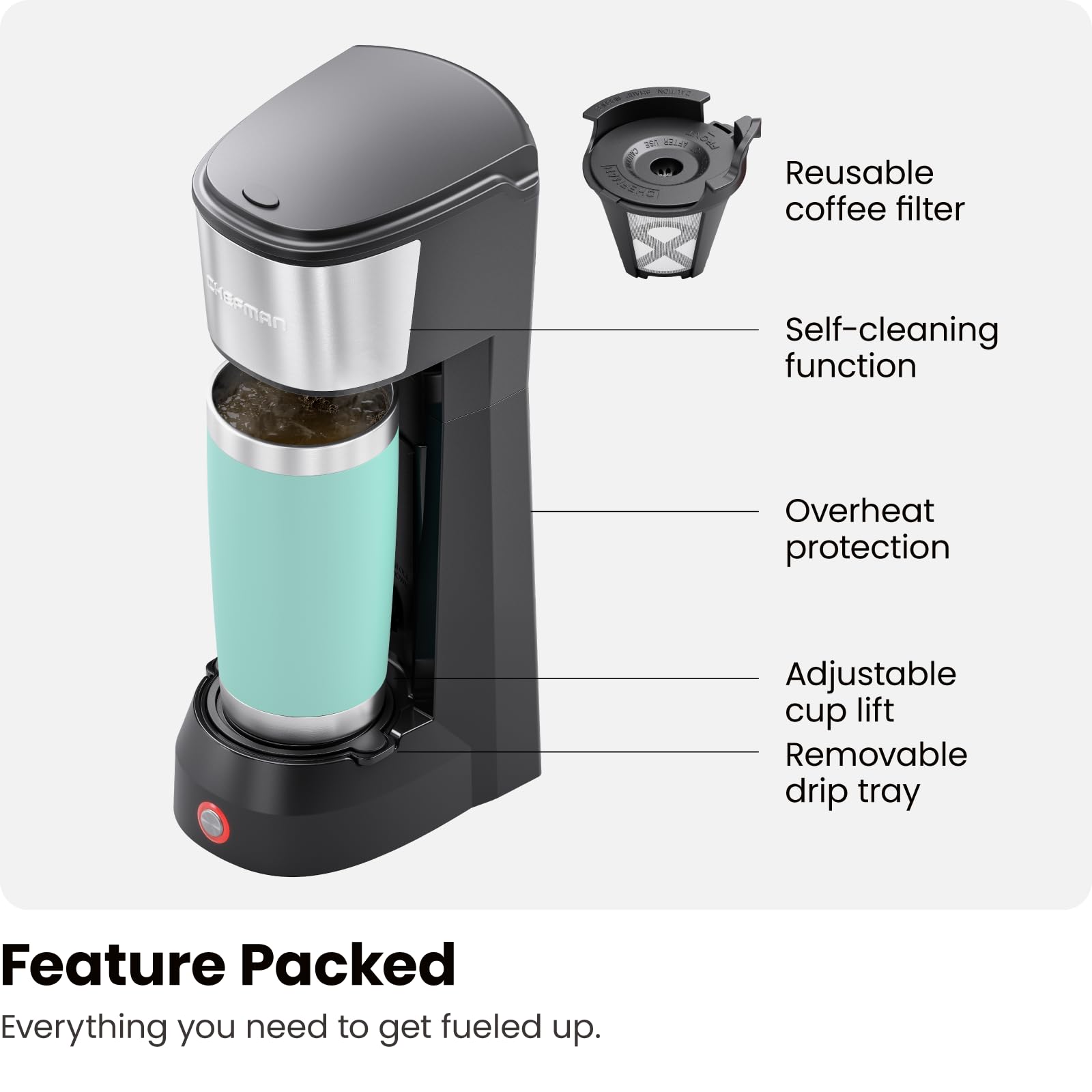 CHEFMAN Single Serve Coffee Maker, K Cup Coffee Machine: Compatible with K-Cup Pods and Ground Coffee, Brew 6 to 14oz Cup Drip Coffee Maker, Cup Lift, Filter Included