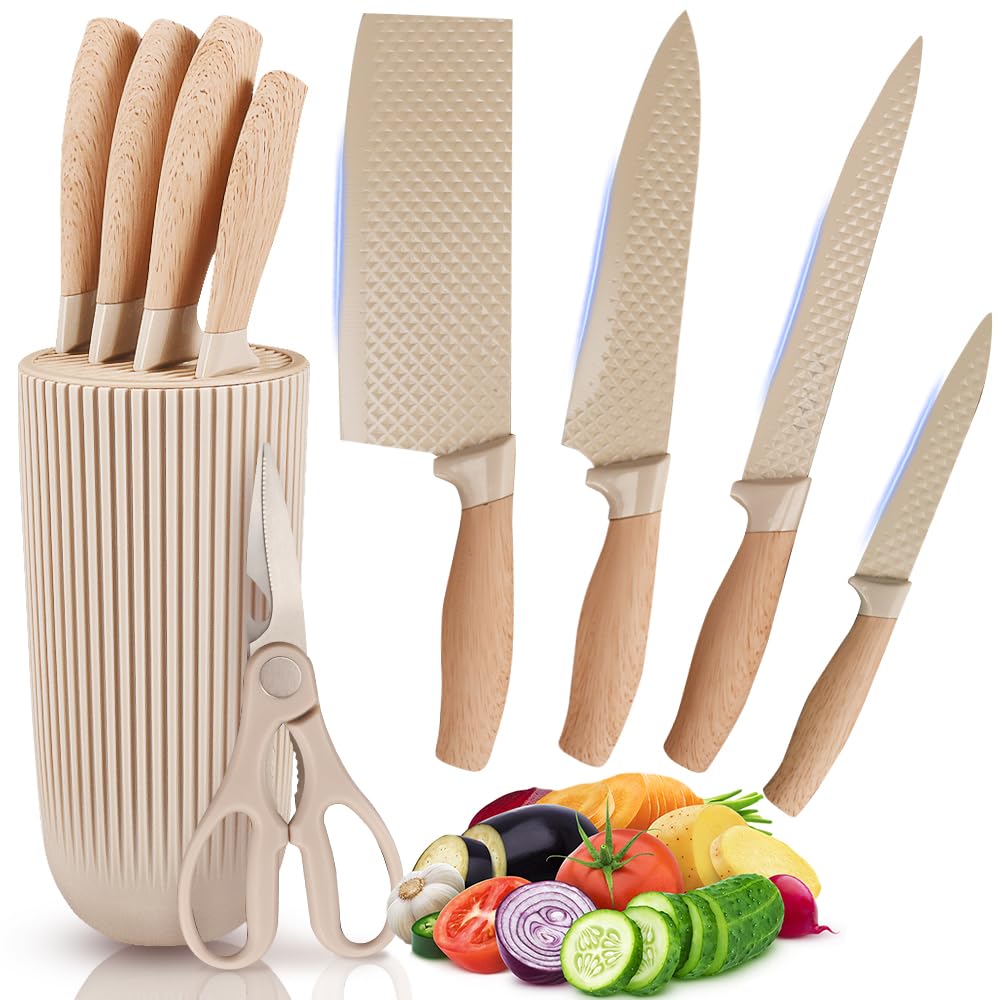 Gulymm Kitchen Knife Set, 6 Pcs Sharp Knife Set for Kitchen, Anti-Rust Stainless Sharp Knife Set with Universal Knife Block, Knife Set Contains Round Knife Storage, Knives, Scissors for Kitchen (Khaki