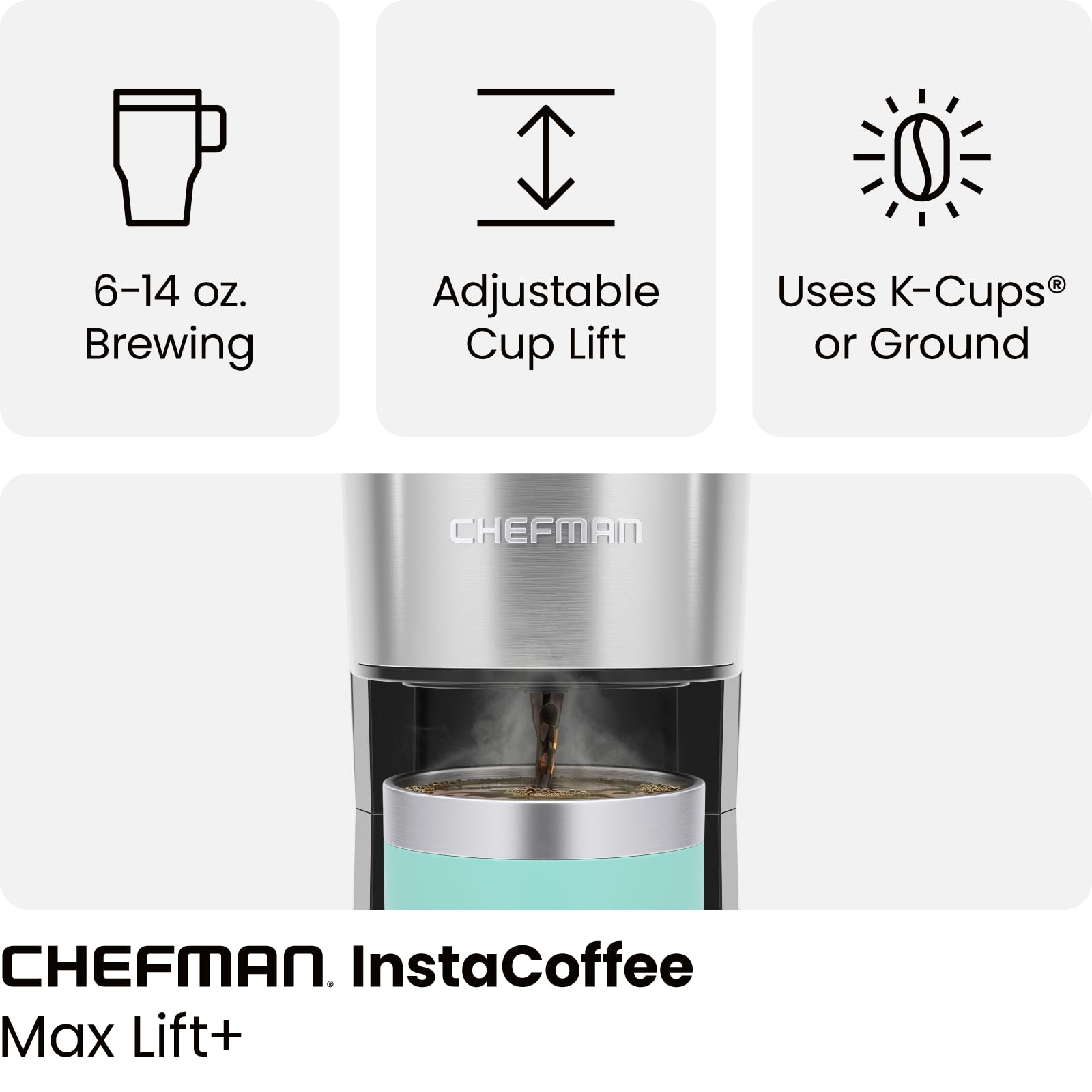 CHEFMAN Single Serve Coffee Maker, K Cup Coffee Machine: Compatible with K-Cup Pods and Ground Coffee, Brew 6 to 14oz Cup Drip Coffee Maker, Cup Lift, Filter Included