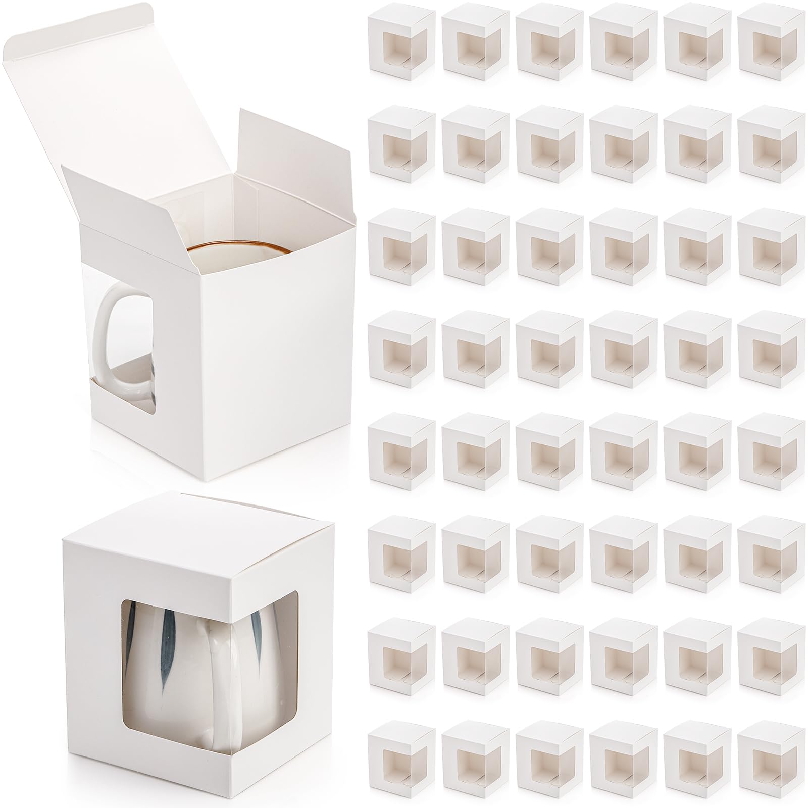 AVLA 50 Pack Gift Boxes for Sublimation Mugs, 4.3x4.3x5'' Small White Packaging Box, 12OZ 15OZ Transparent Cups Wrapping Box with Clear View Window, Cupcake Box Christmas Ornament Box for Wedding