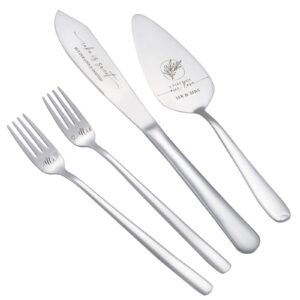 aw bridal 4pcs wedding cake knife and server set with forks, stainless steel engraved cake cutting and pie server gifts for bridal shower engagement, silver