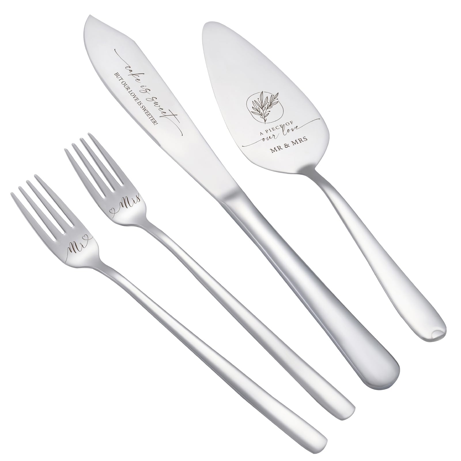 AW BRIDAL 4Pcs Wedding Cake Knife and Server set with Forks, Stainless Steel Engraved Cake Cutting and Pie Server Gifts for Bridal Shower Engagement, Silver