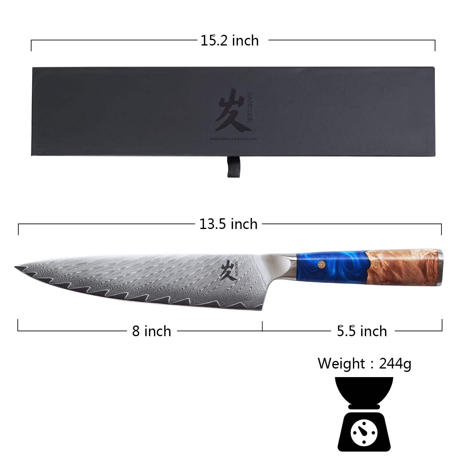 SAMCOOK Chef Knife - 8 Inch 67 Layer Forged Damascus Japan VG-10 Stainless Steel Kitchen Knives Blue Resin Wood Handle High Strength And Good Toughness Razor Sharp Cutting Meat