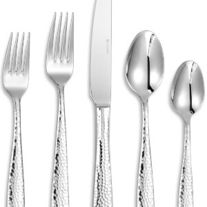 KEAWELL Premium 20/45/65 Piece Louis Hammered Silverware Set with Squared Edge, 18/10 Stainless Steel, Service for 4/8/12, Fine Flatware Set, Dishwasher Safe (45)